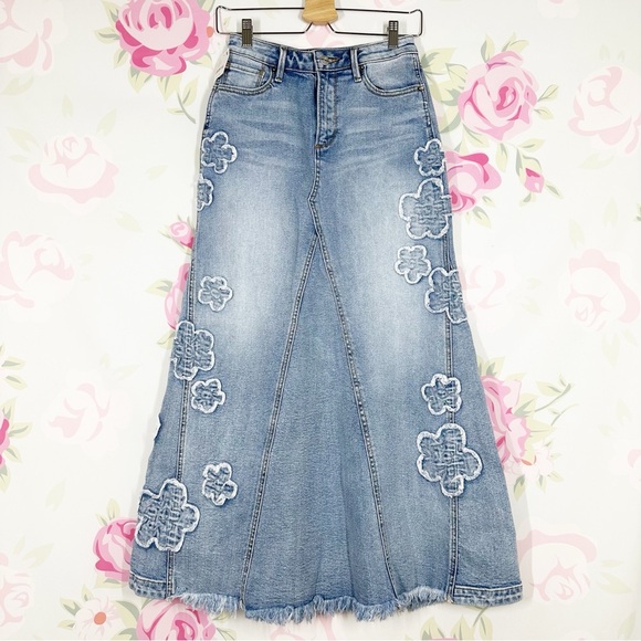 NEW Driftwood x Free People Floral A Line Blue Denim Maxi Skirt 25